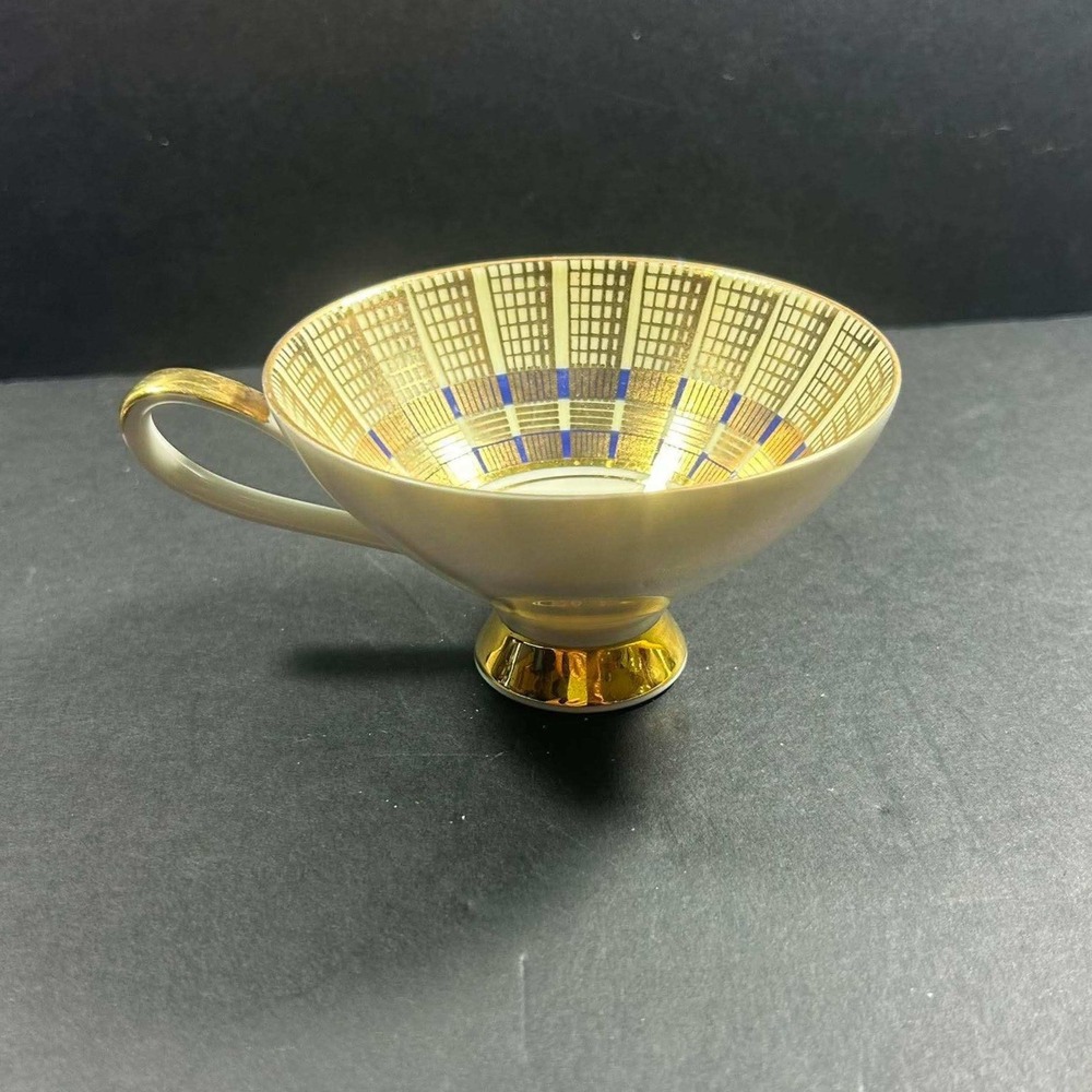 Seltmann Weiden Bavaria Teacup Gold Cobalt Geometric Grid MCM Porcelain Cup